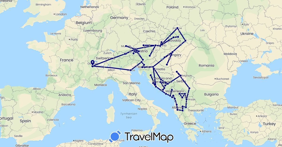 TravelMap itinerary: driving in Albania, Austria, Bosnia and Herzegovina, Germany, France, Croatia, Hungary, Italy, Montenegro, Macedonia, Poland, Serbia, Slovenia, Slovakia, Kosovo (Europe)